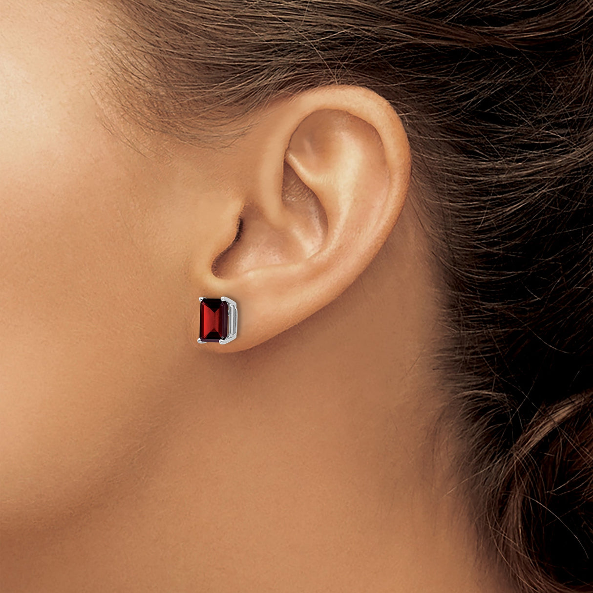 14k White Gold Stud Earrings with Emerald Cut Garnet, Minimalist Design