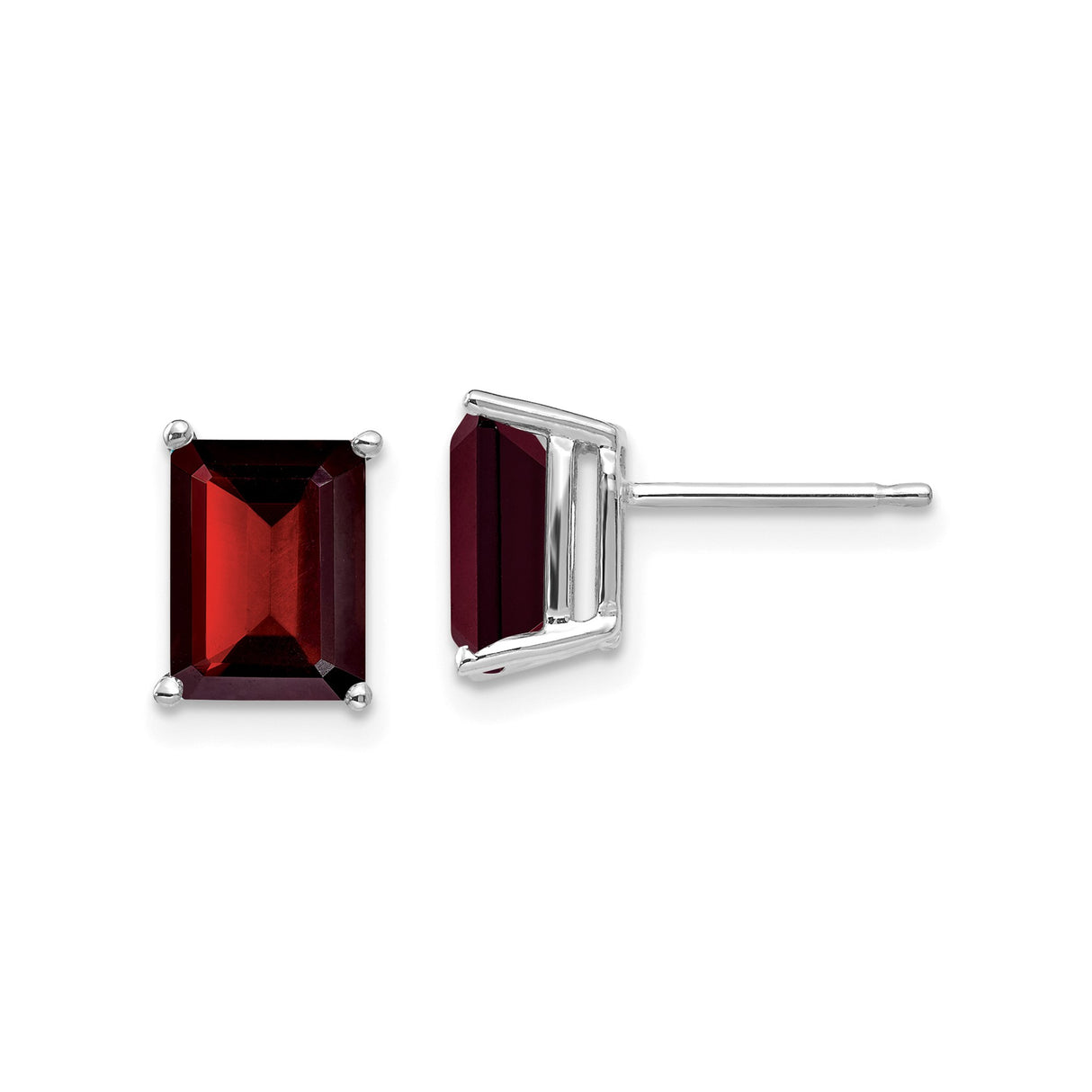 14k White Gold Stud Earrings with Emerald Cut Garnet, Minimalist Design