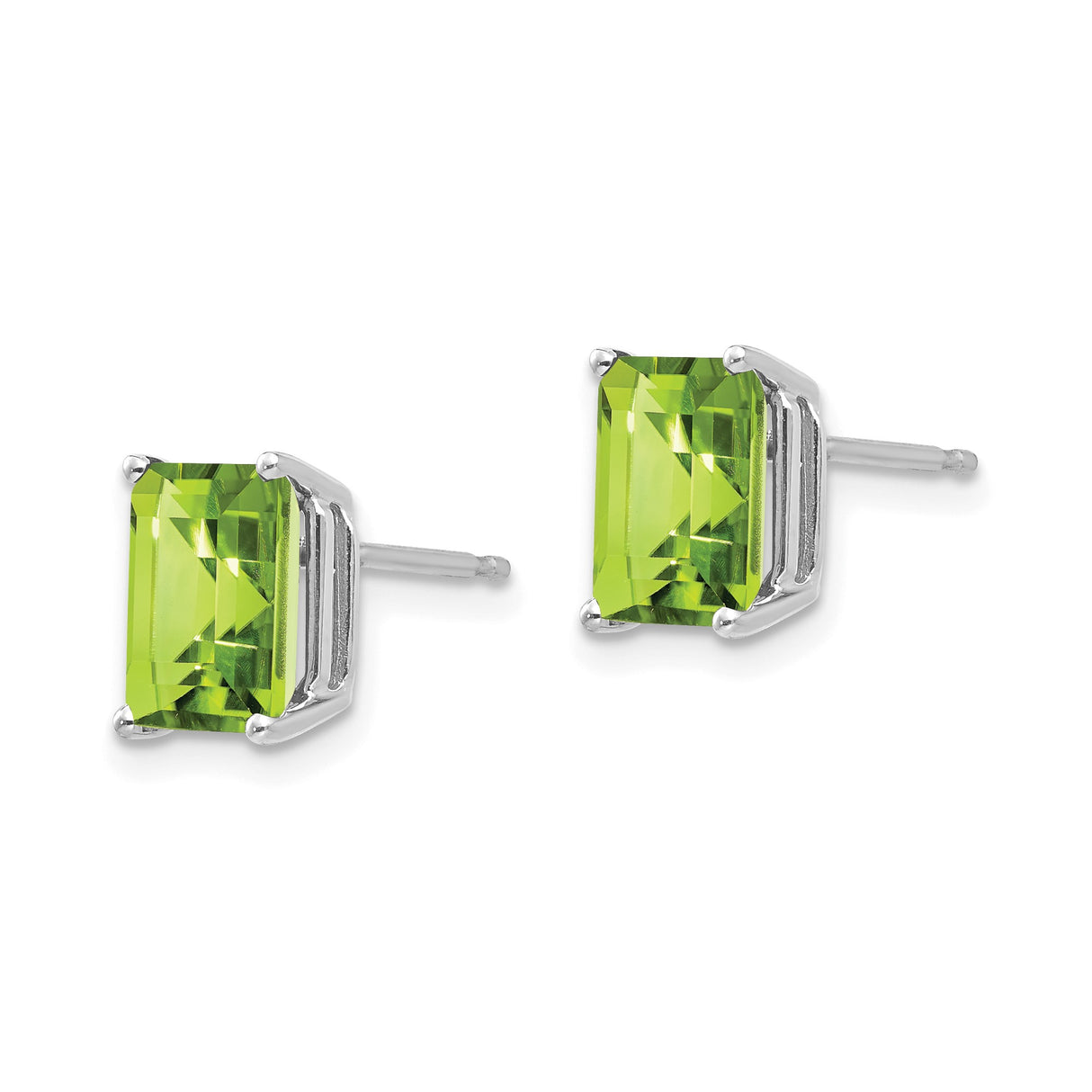 14k White Gold Peridot Stud Earrings, Emerald Cut Minimalist Design for Women