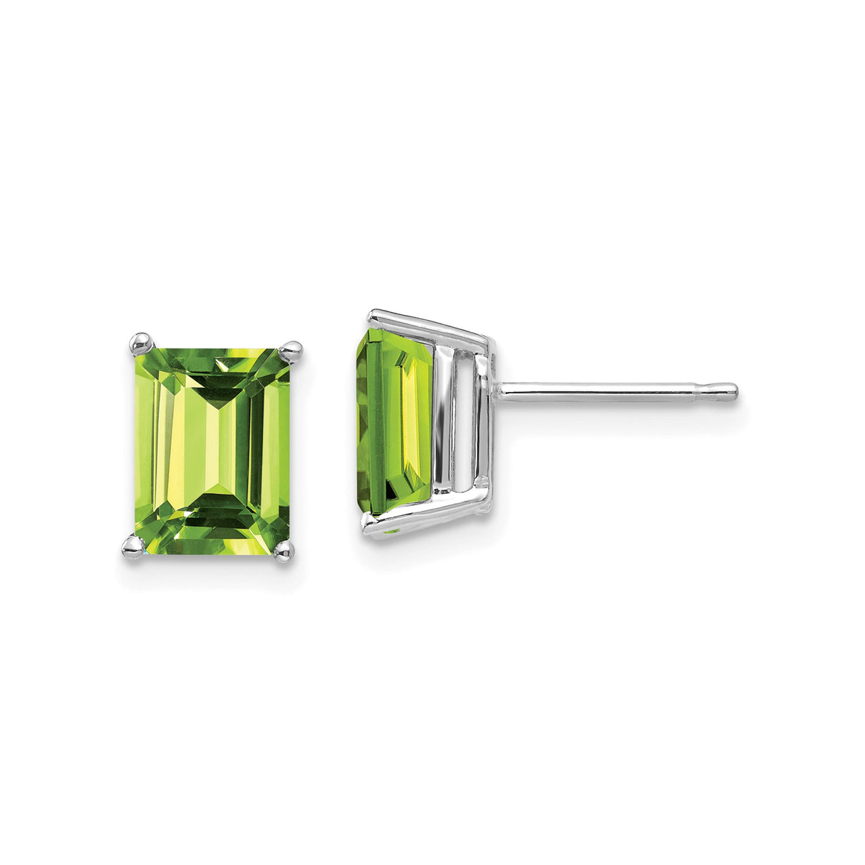 14k White Gold Peridot Stud Earrings, Emerald Cut Minimalist Design for Women
