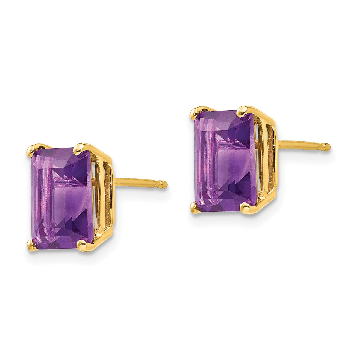14k Yellow Gold Stud Earrings with Emerald-Cut Amethyst, Minimalist Modern Design for Women