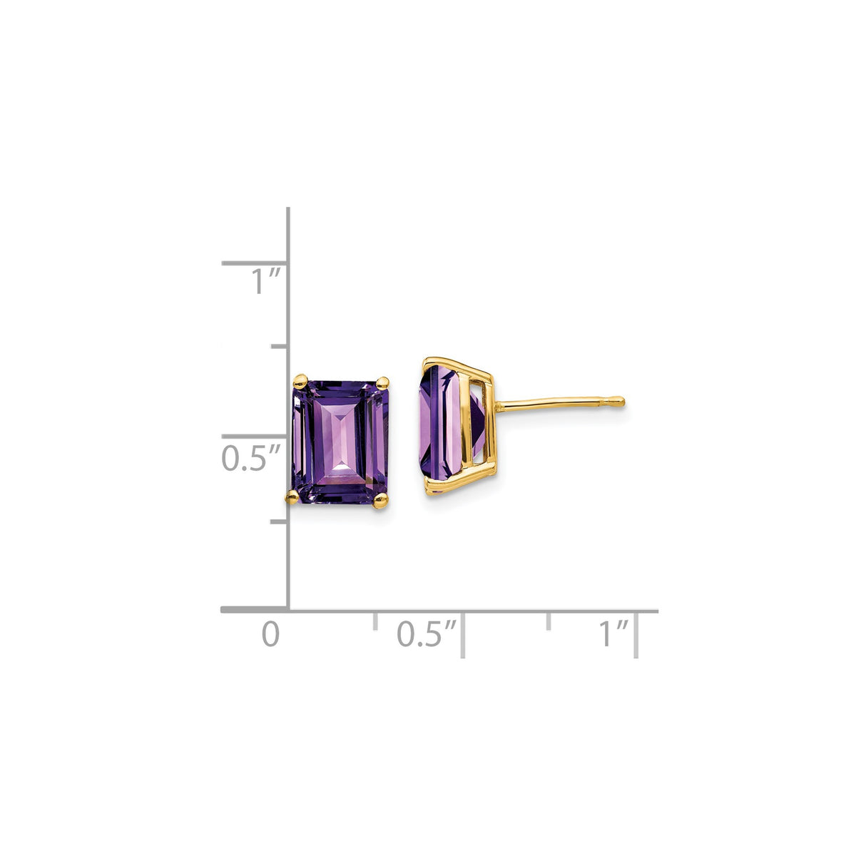 14k Yellow Gold Stud Earrings with Emerald-Cut Amethyst, Minimalist Modern Design for Women