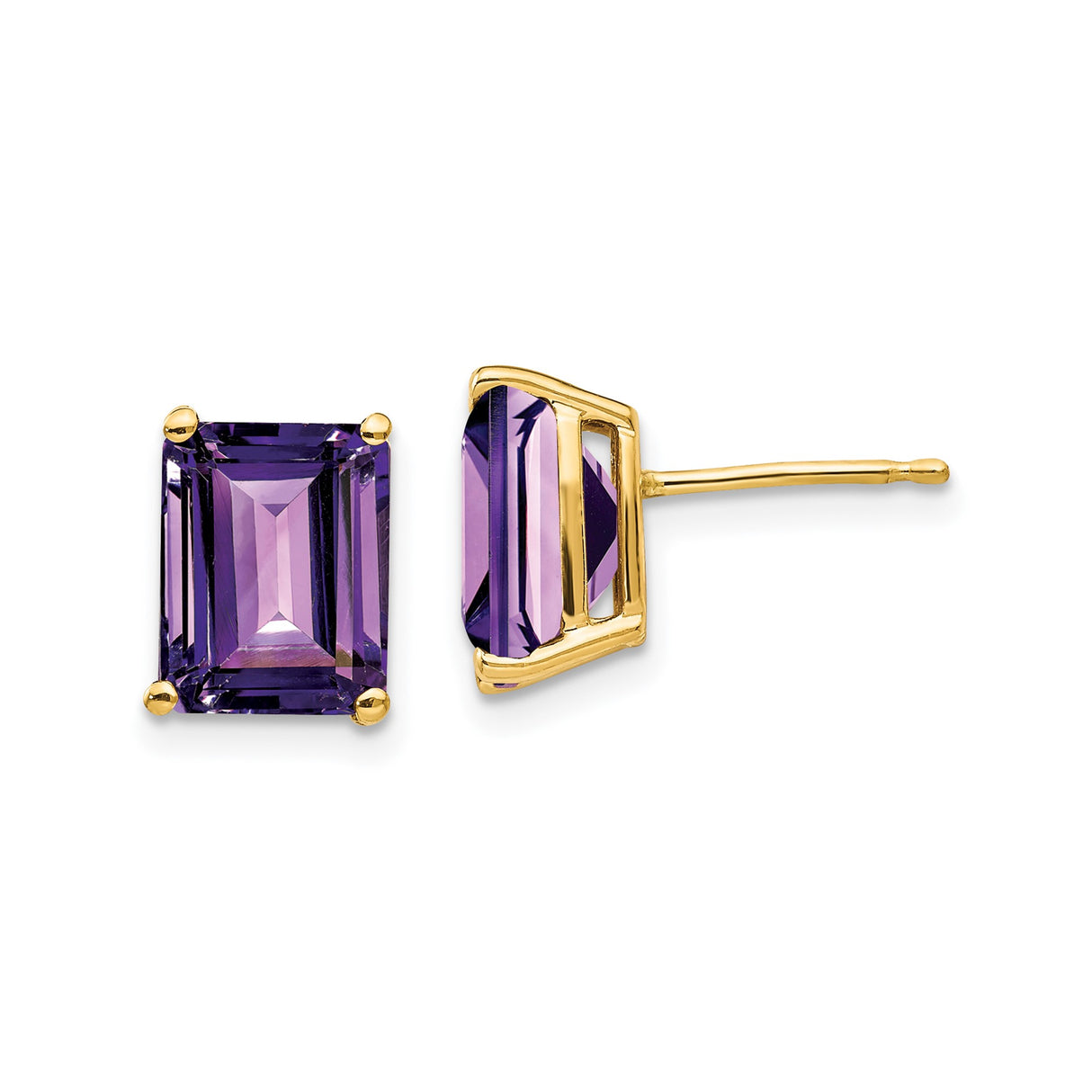 14k Yellow Gold Stud Earrings with Emerald-Cut Amethyst, Minimalist Modern Design for Women