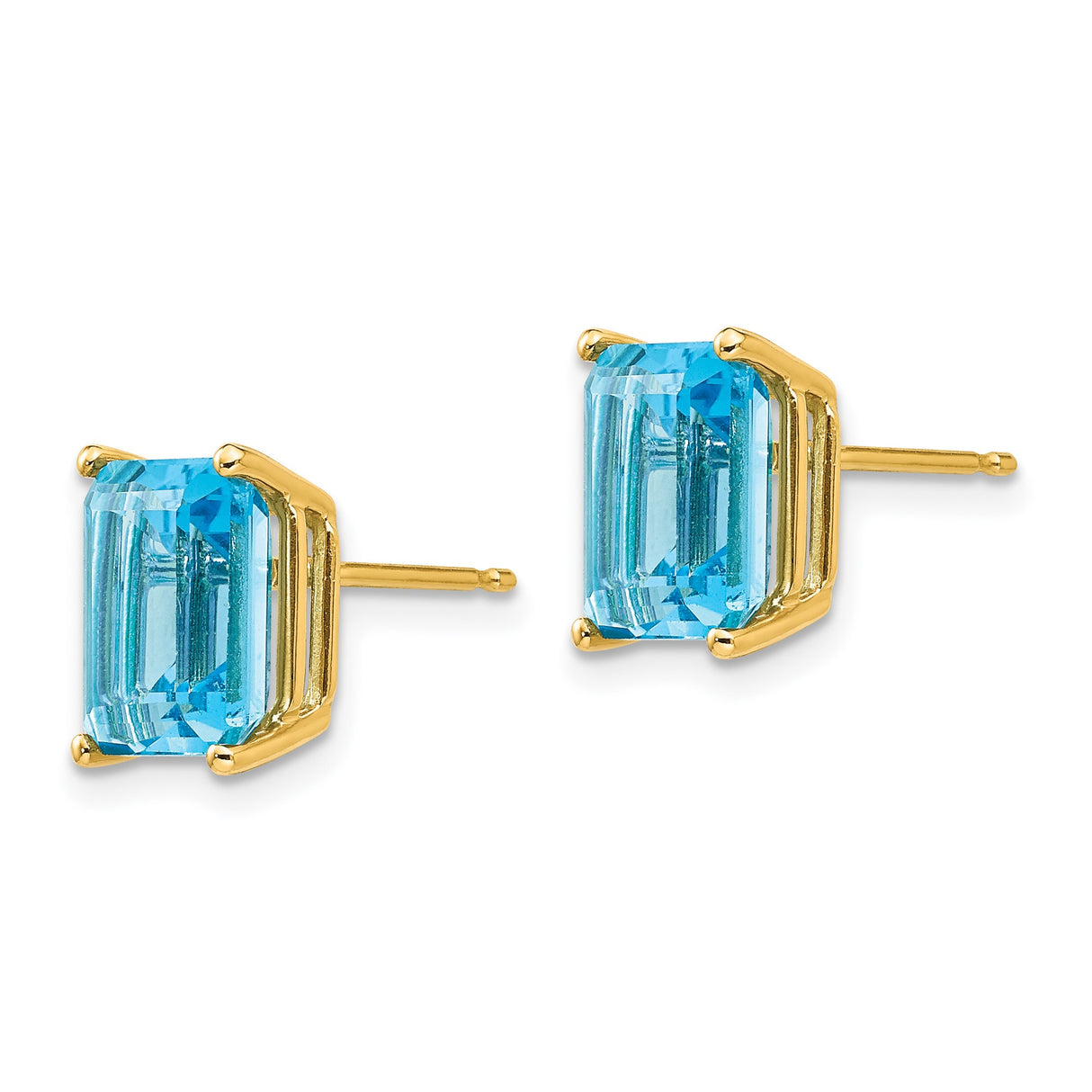 14k Yellow Gold Stud Earrings with Emerald Cut Swiss Blue Topaz, Polished Finish