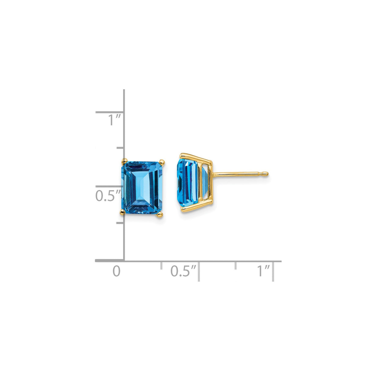 14k Yellow Gold Stud Earrings with Emerald Cut Swiss Blue Topaz, Polished Finish