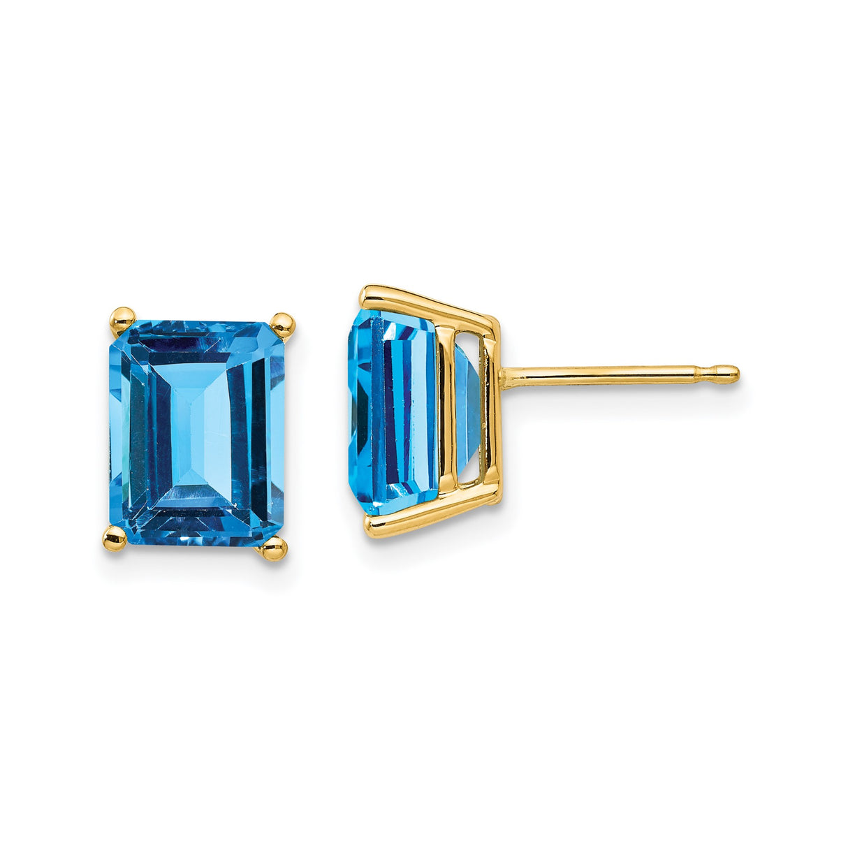 14k Yellow Gold Stud Earrings with Emerald Cut Swiss Blue Topaz, Polished Finish
