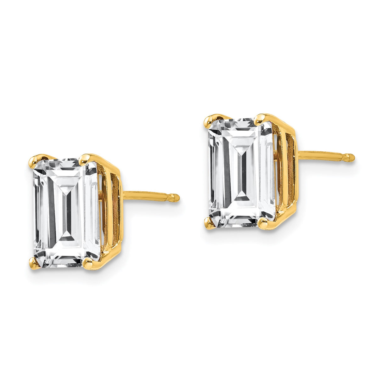 14k Yellow Gold Stud Earrings with Cubic Zirconia, Emerald Cut Solitaire, Classic Four Prong Setting