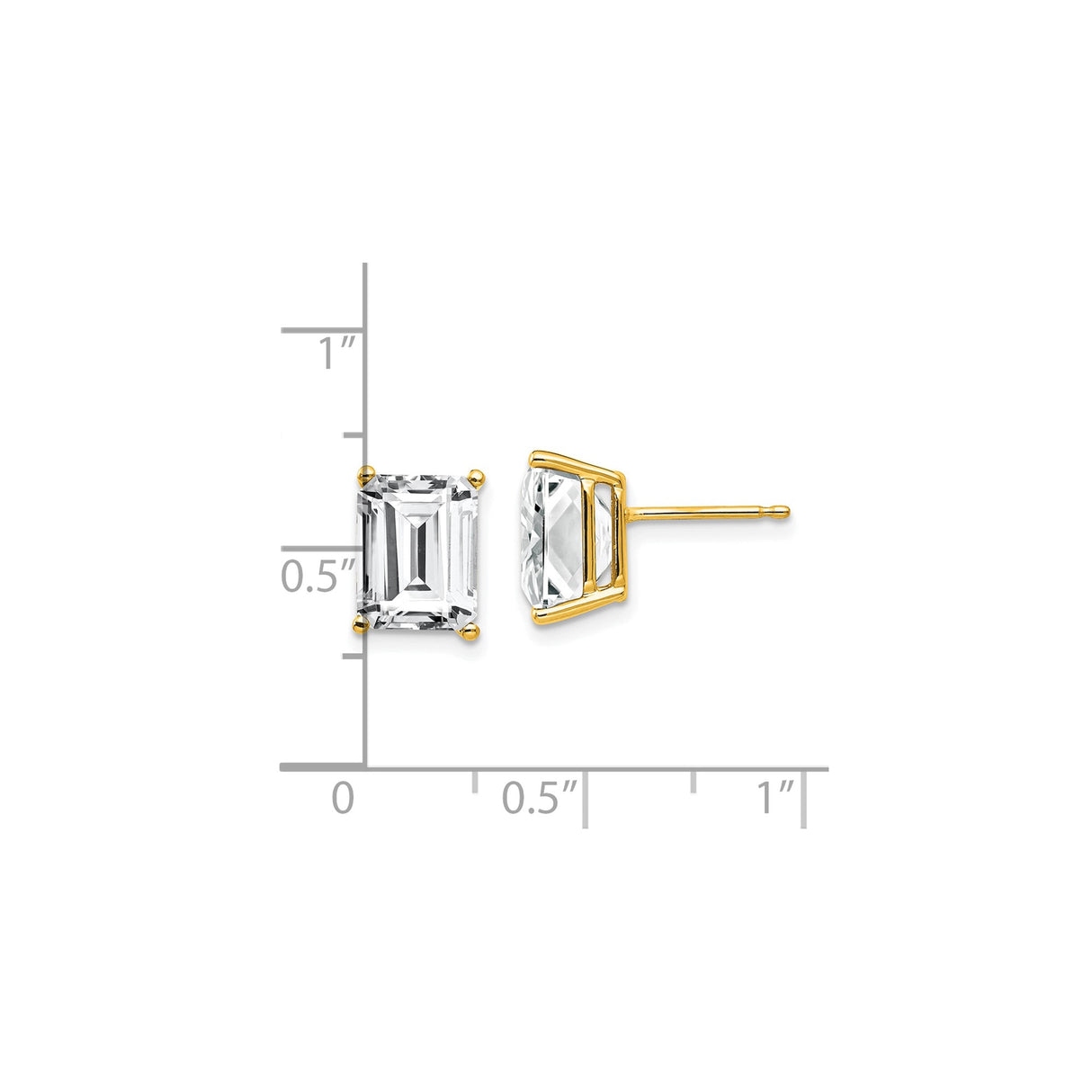 14k Yellow Gold Stud Earrings with Cubic Zirconia, Emerald Cut Solitaire, Classic Four Prong Setting