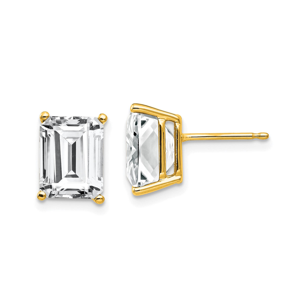 14k Yellow Gold Stud Earrings with Cubic Zirconia, Emerald Cut Solitaire, Classic Four Prong Setting