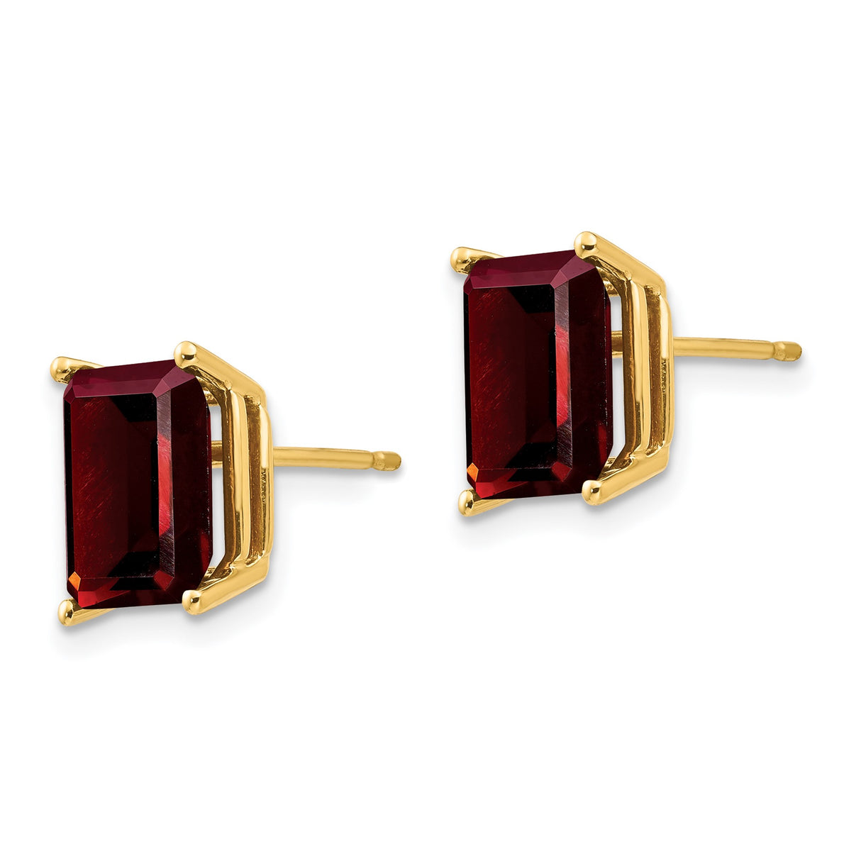 14k Yellow Gold Garnet Stud Earrings, Emerald Cut Gemstone, Four Prong Setting