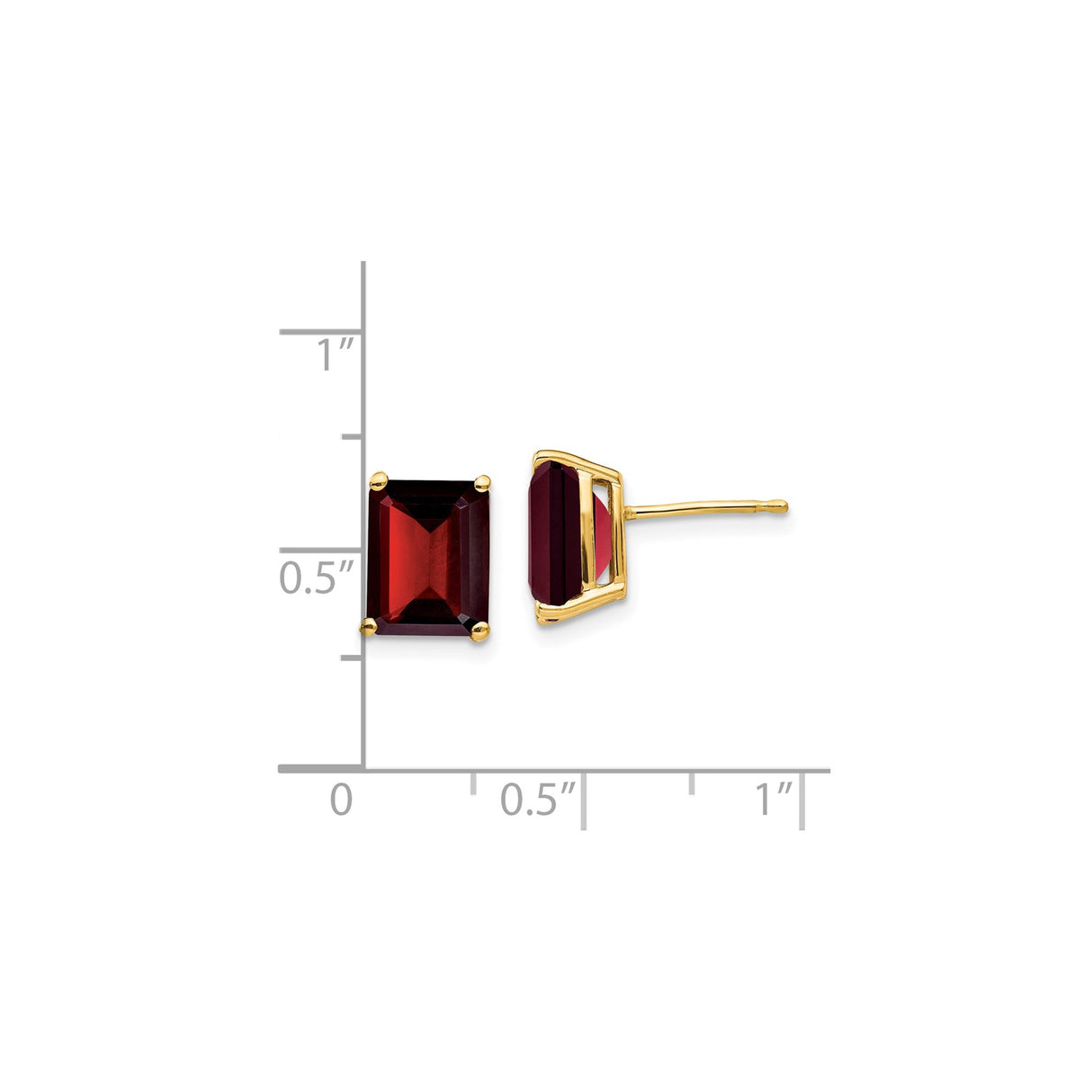 14k Yellow Gold Garnet Stud Earrings, Emerald Cut Gemstone, Four Prong Setting