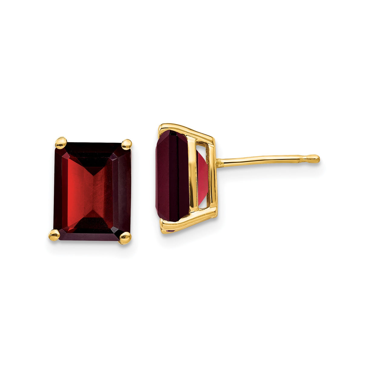 14k Yellow Gold Garnet Stud Earrings, Emerald Cut Gemstone, Four Prong Setting