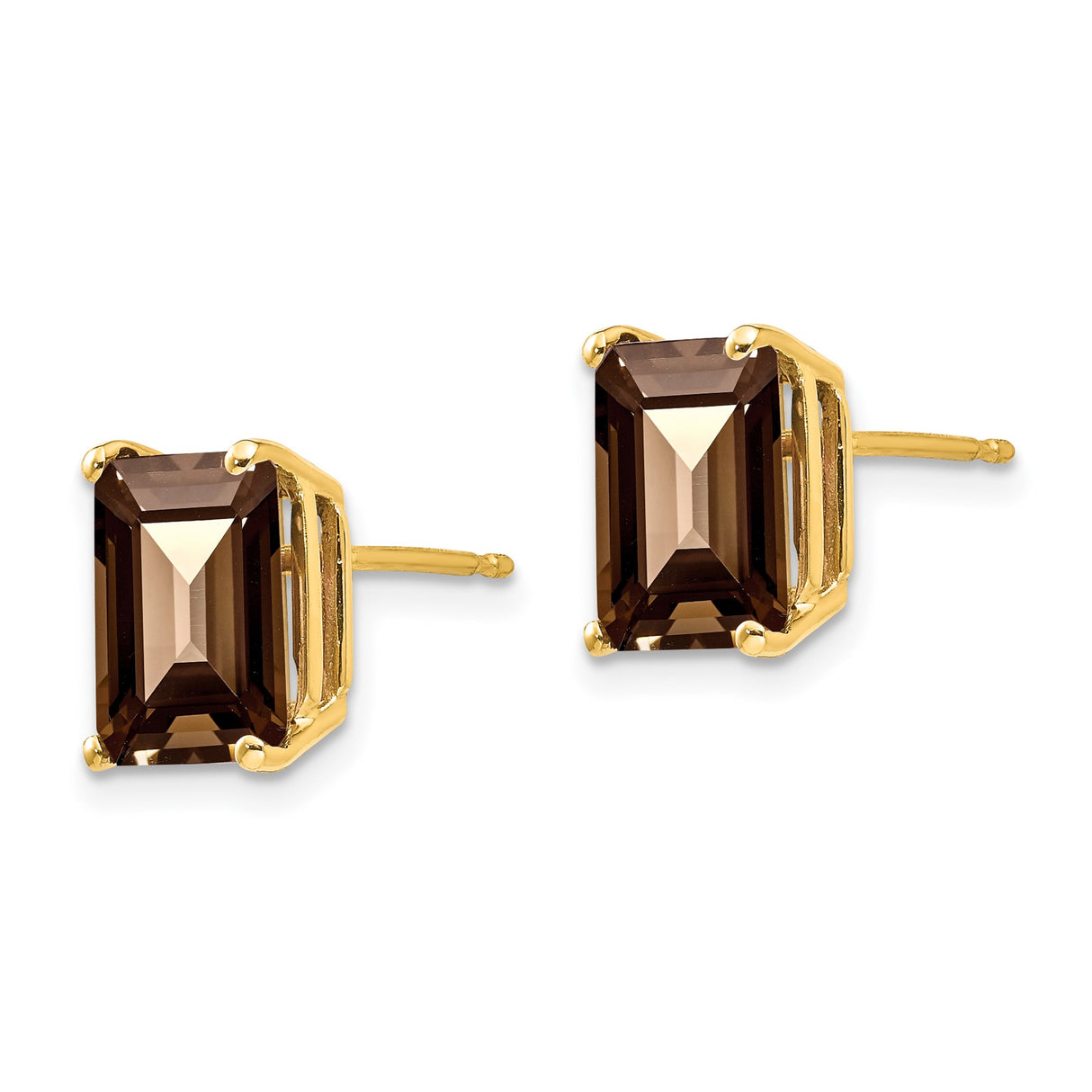 14k Yellow Gold Stud Earrings with Emerald Cut Smoky Quartz, Classic Minimalist Style