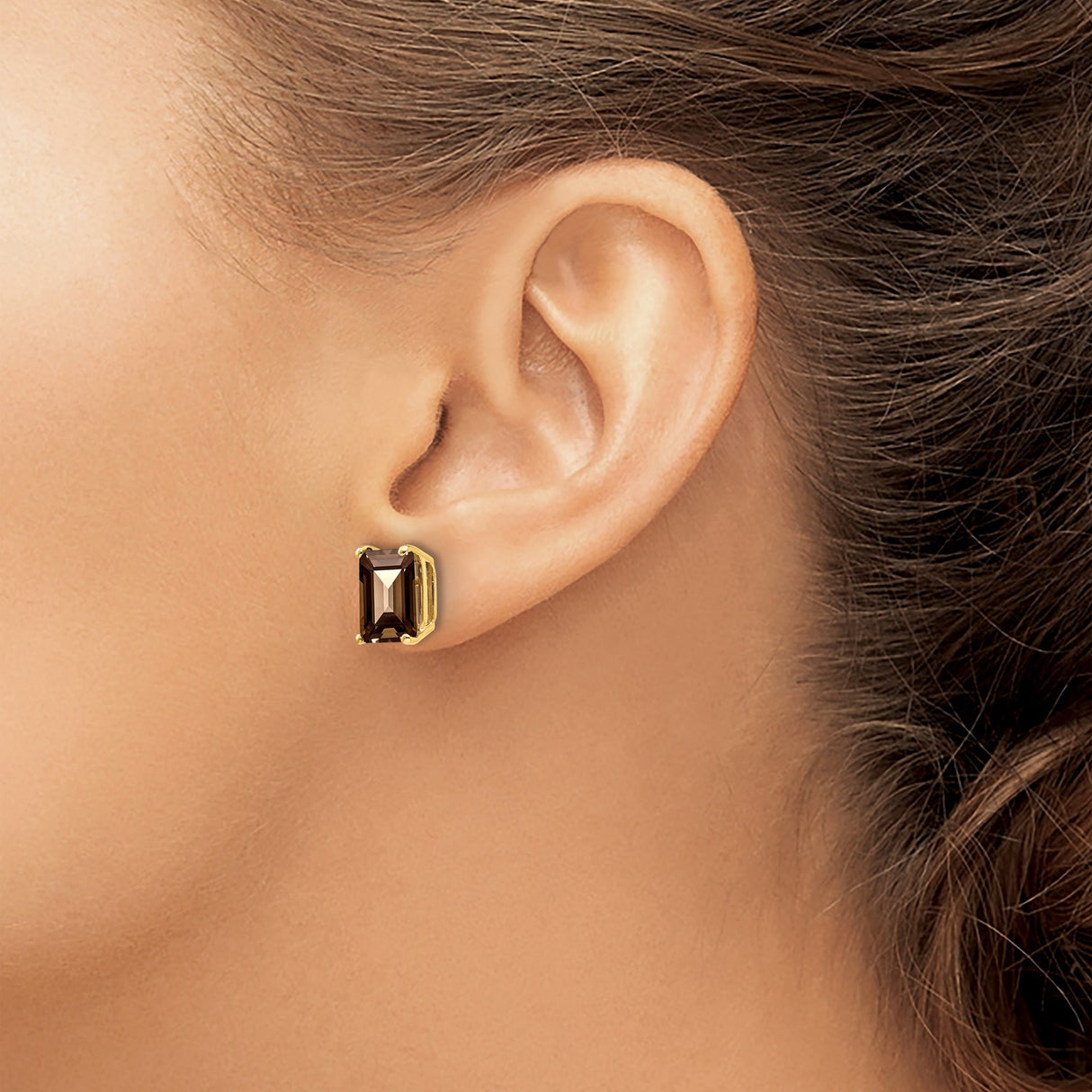 14k Yellow Gold Stud Earrings with Emerald Cut Smoky Quartz, Classic Minimalist Style