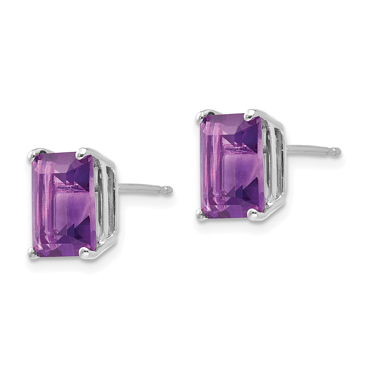 14k White Gold Stud Earrings with Emerald Cut Amethyst in Four Prong Setting