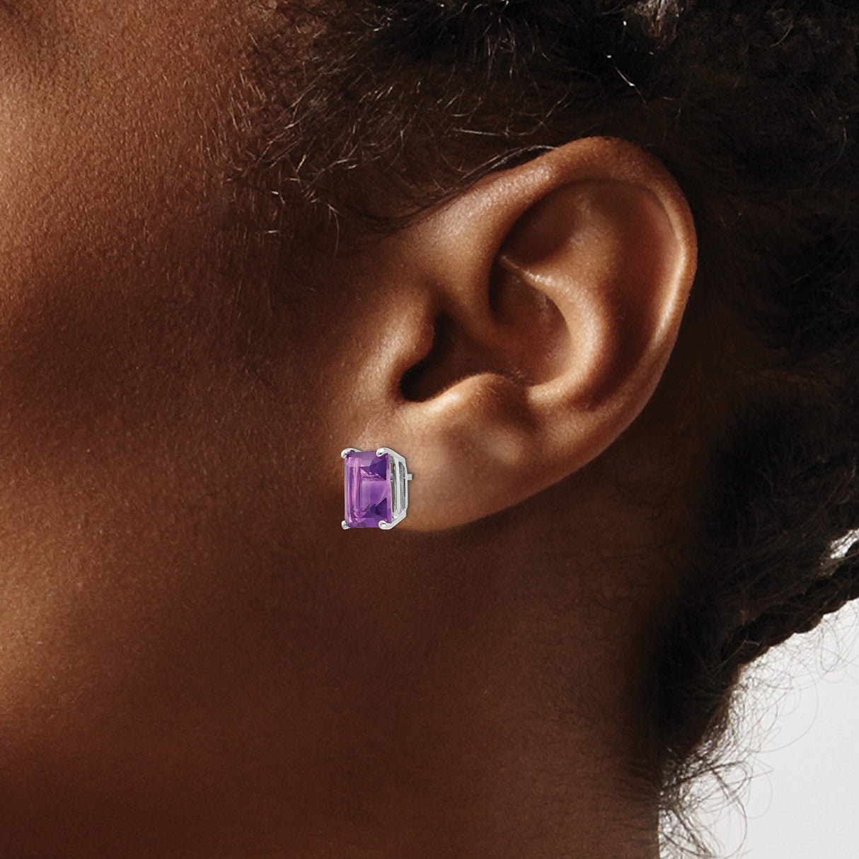 14k White Gold Stud Earrings with Emerald Cut Amethyst in Four Prong Setting