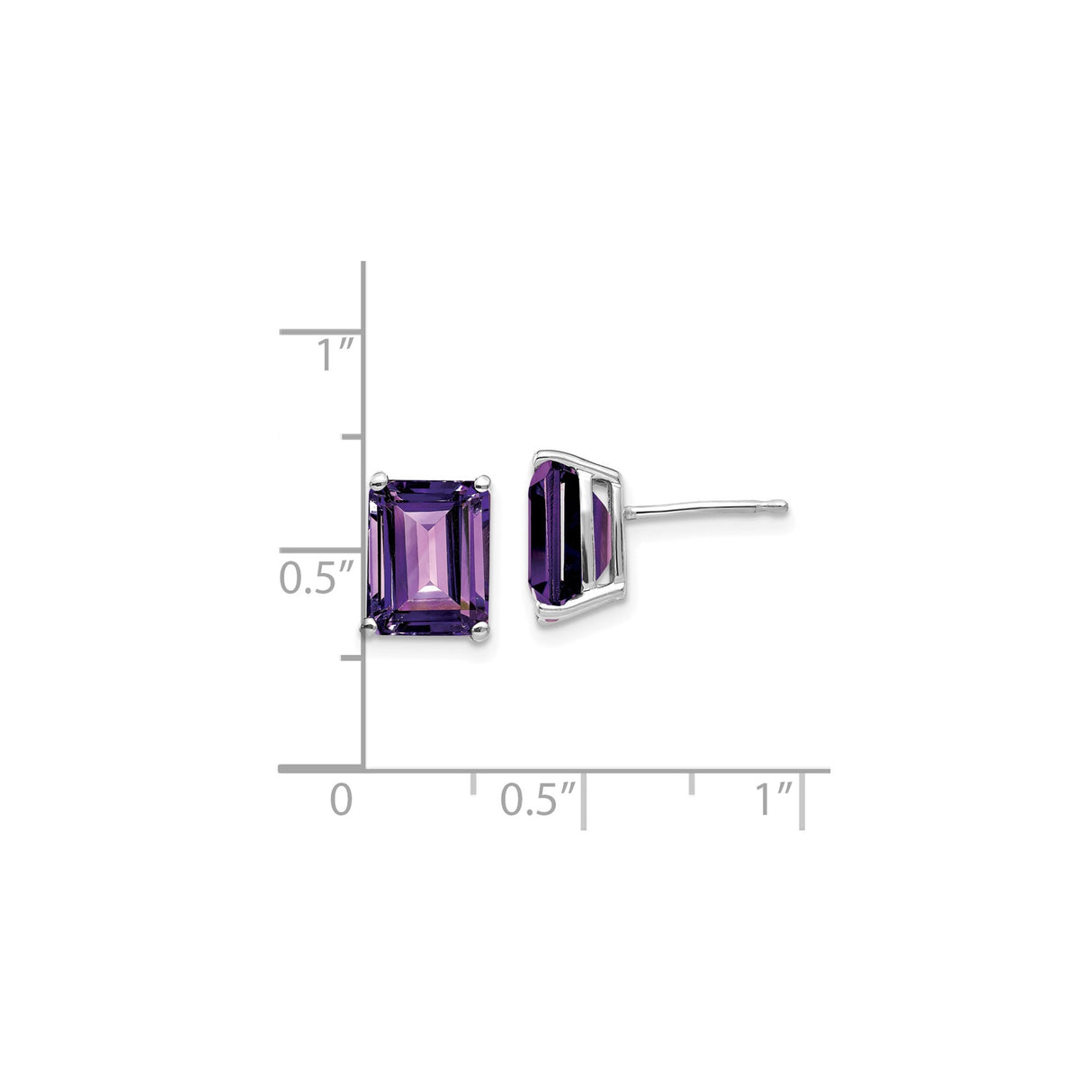 14k White Gold Stud Earrings with Emerald Cut Amethyst in Four Prong Setting
