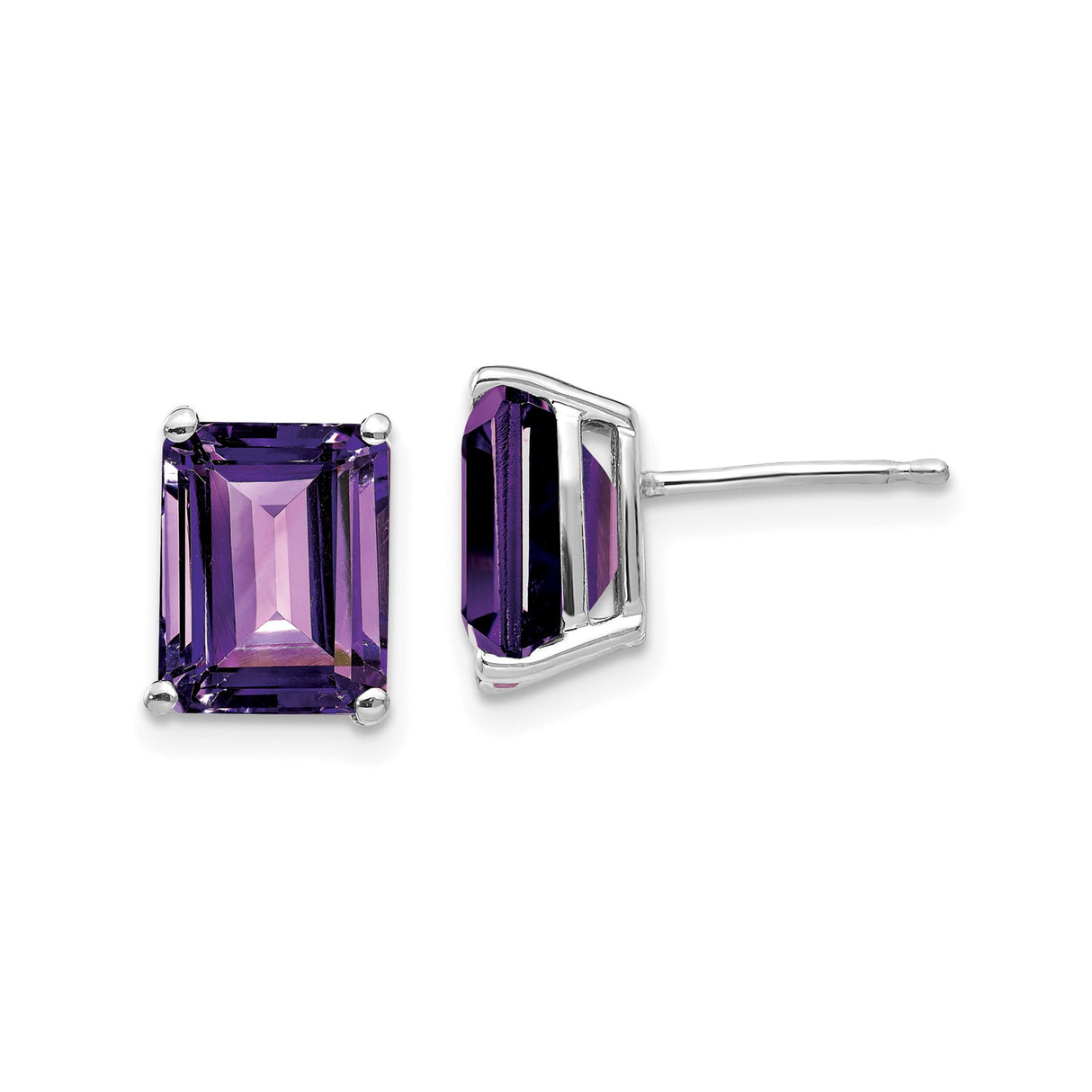 14k White Gold Stud Earrings with Emerald Cut Amethyst in Four Prong Setting