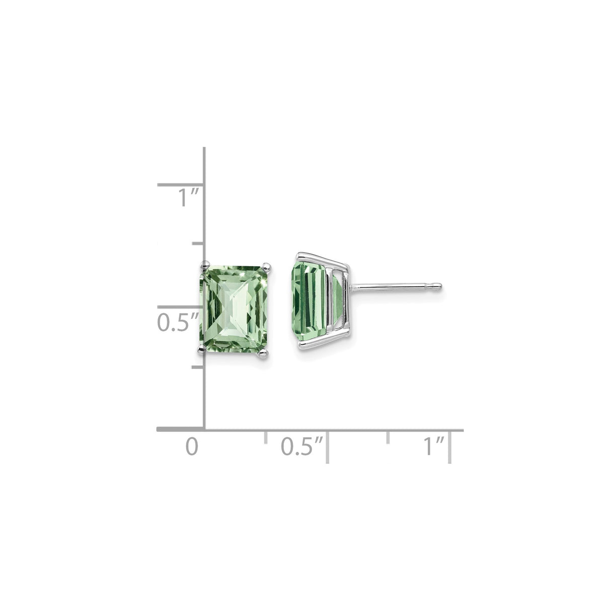 14k White Gold Stud Earrings with Emerald Cut Green Quartz, Minimalist Classic Design