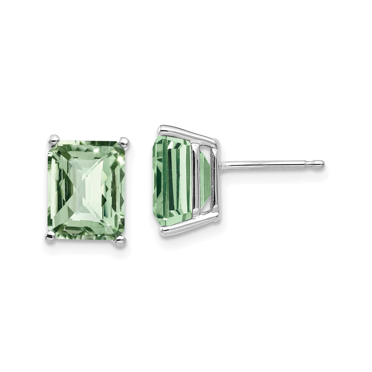 14k White Gold Stud Earrings with Emerald Cut Green Quartz, Minimalist Classic Design