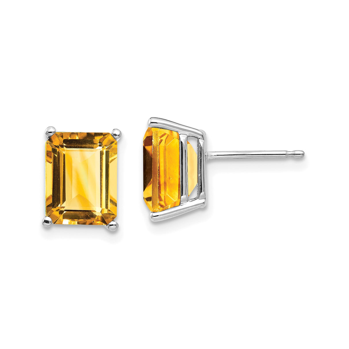 14k White Gold Stud Earrings with Citrine, Emerald Cut, Minimalist Modern Design