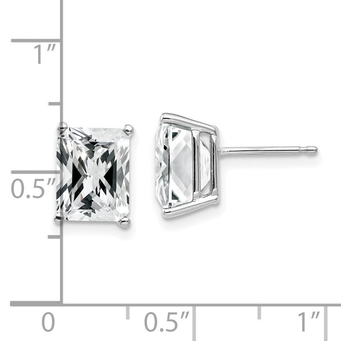 14k White Gold Stud Earrings with Emerald Cut Cubic Zirconia in Four-Prong Setting
