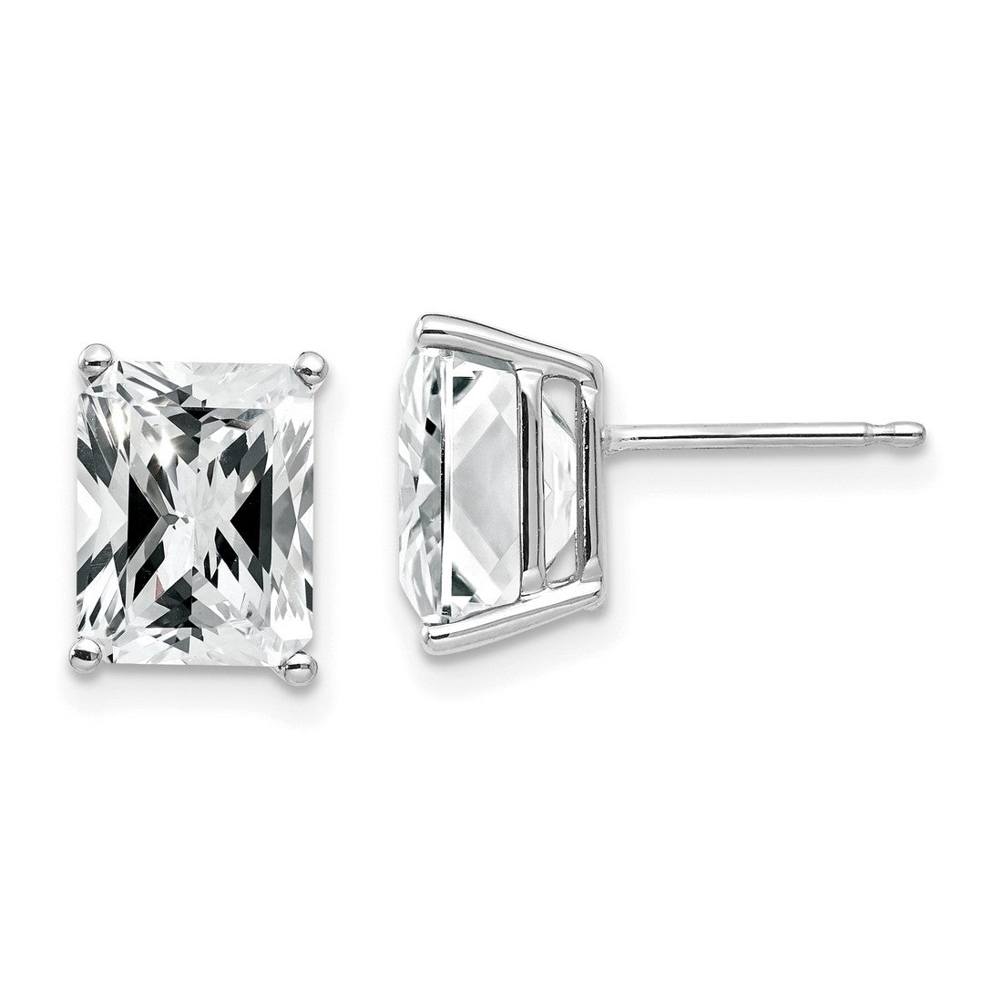 14k White Gold Stud Earrings with Emerald Cut Cubic Zirconia in Four-Prong Setting