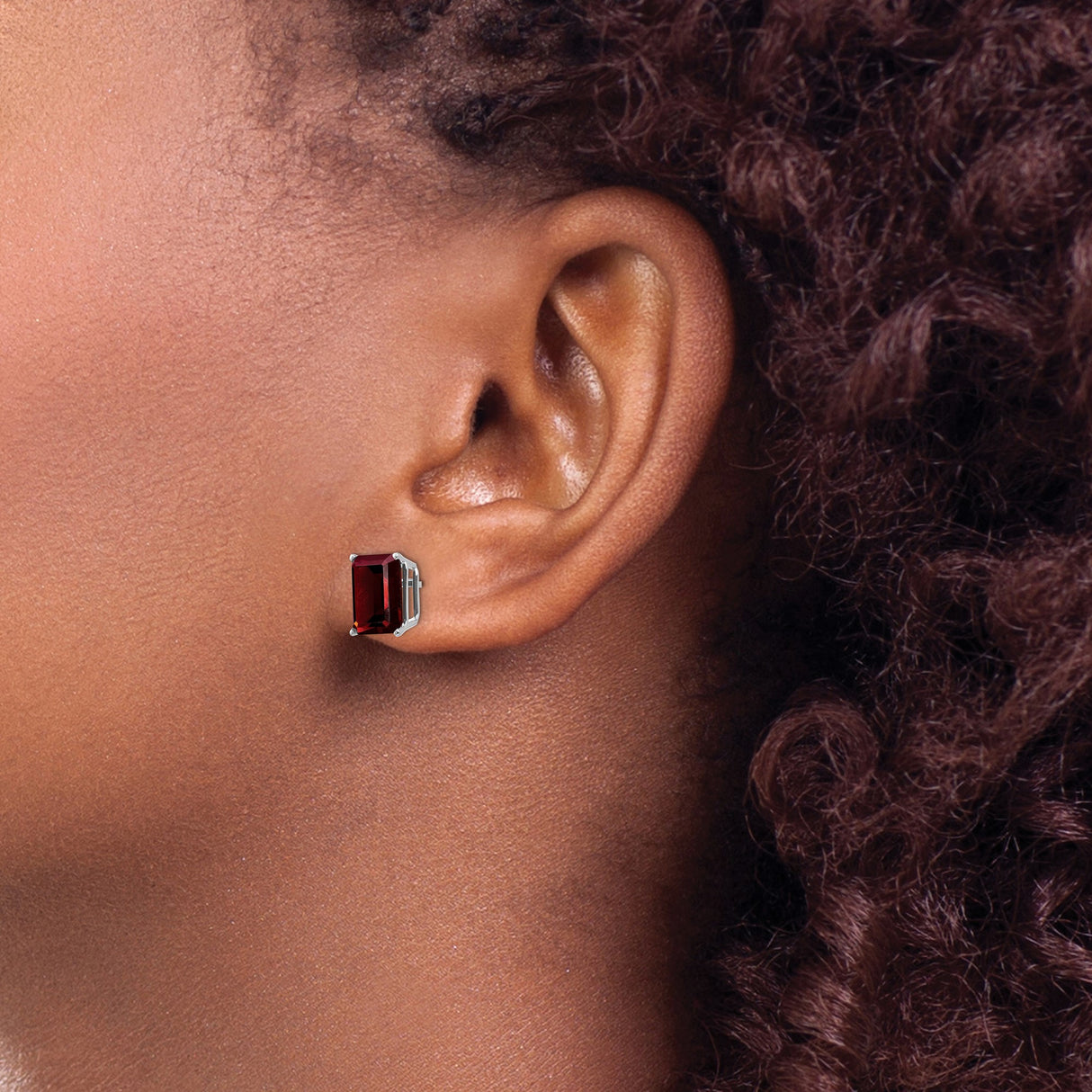 14k White Gold Garnet Stud Earrings, Emerald-Cut January Birthstone for Women
