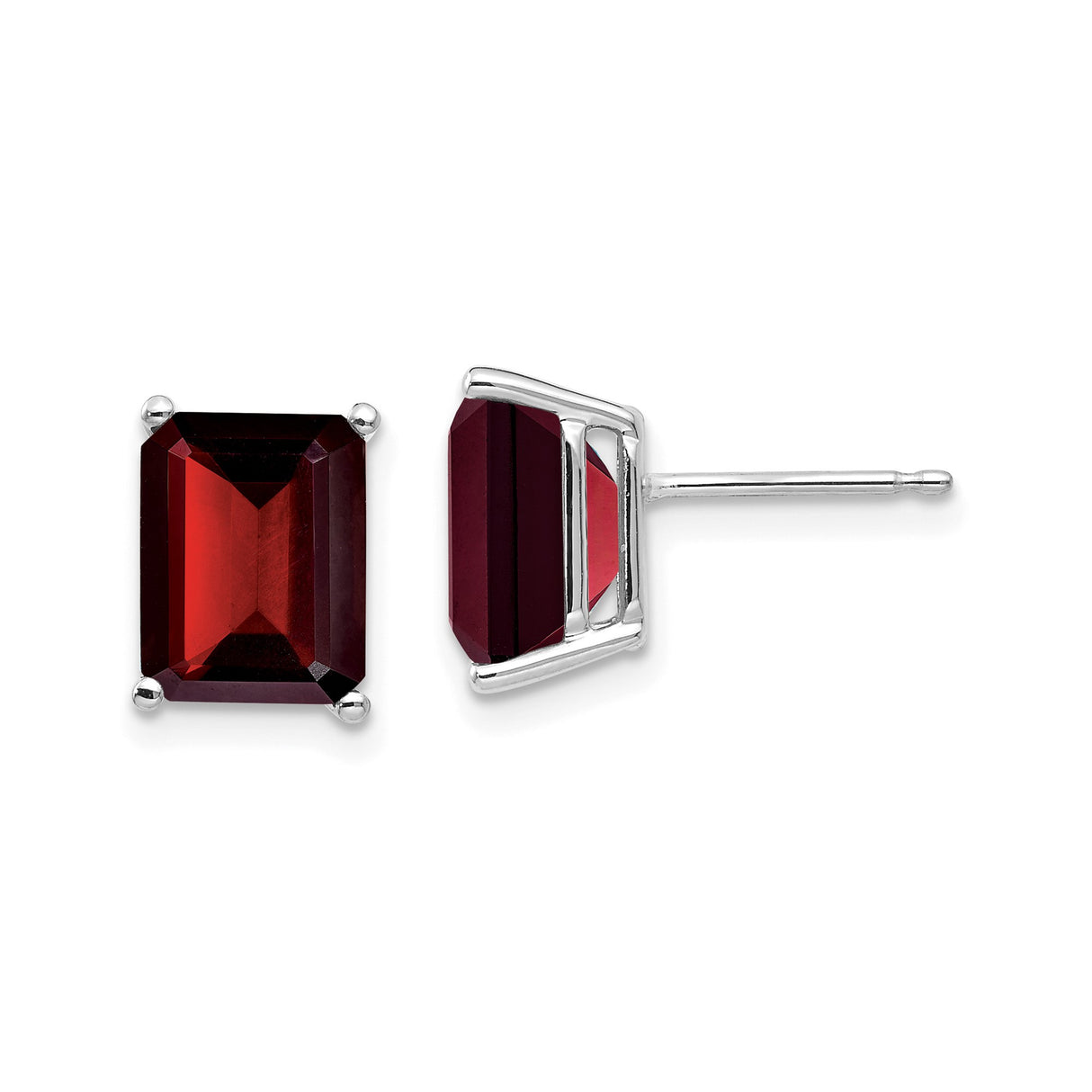 14k White Gold Garnet Stud Earrings, Emerald-Cut January Birthstone for Women