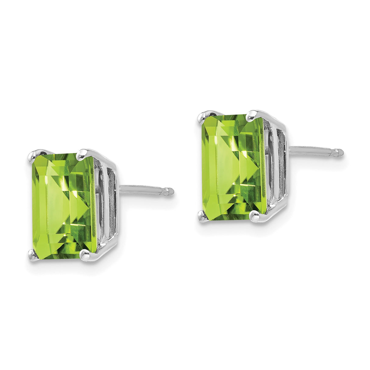 14k White Gold Stud Earrings with Emerald Cut Peridot, Modern Minimalist Design