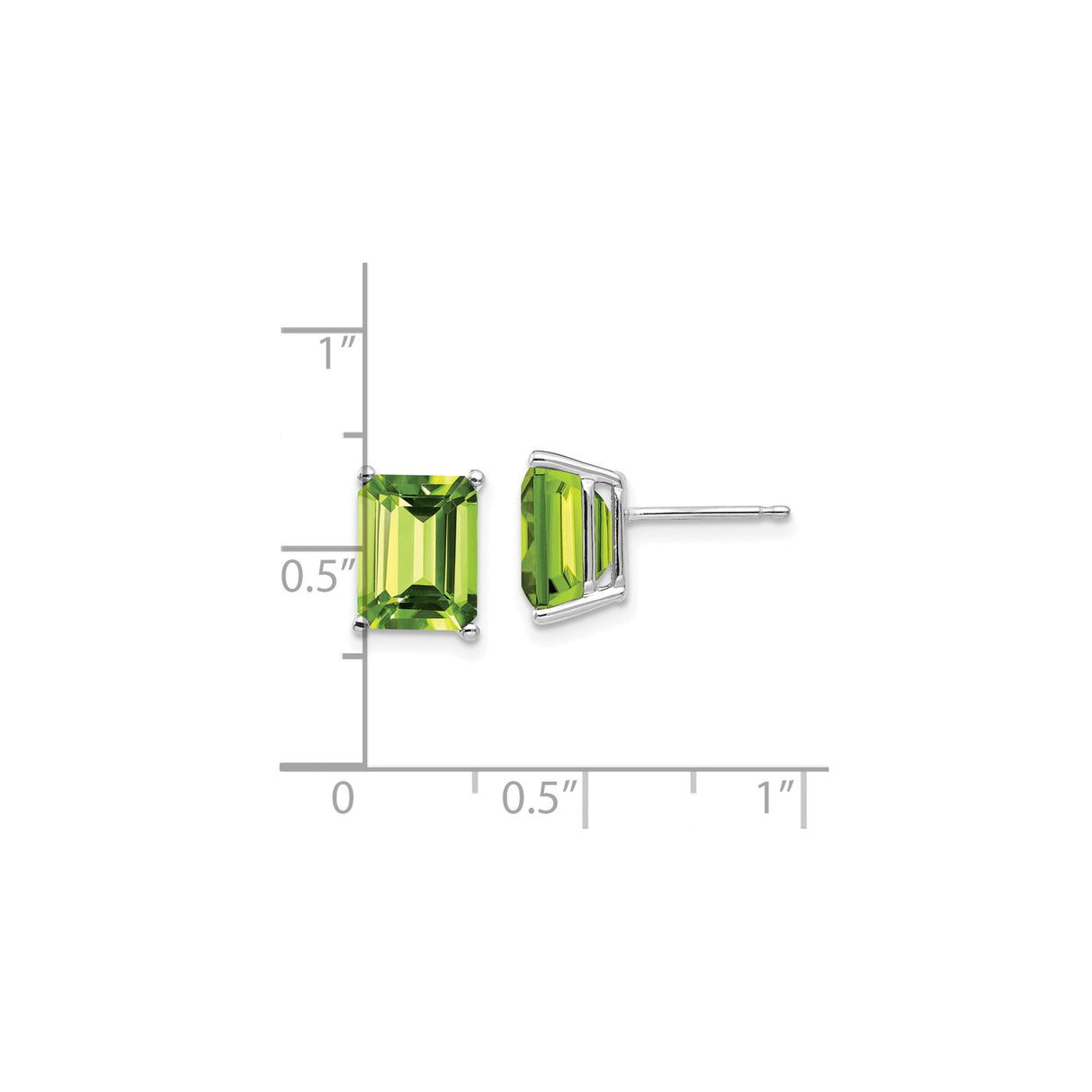 14k White Gold Stud Earrings with Emerald Cut Peridot, Modern Minimalist Design