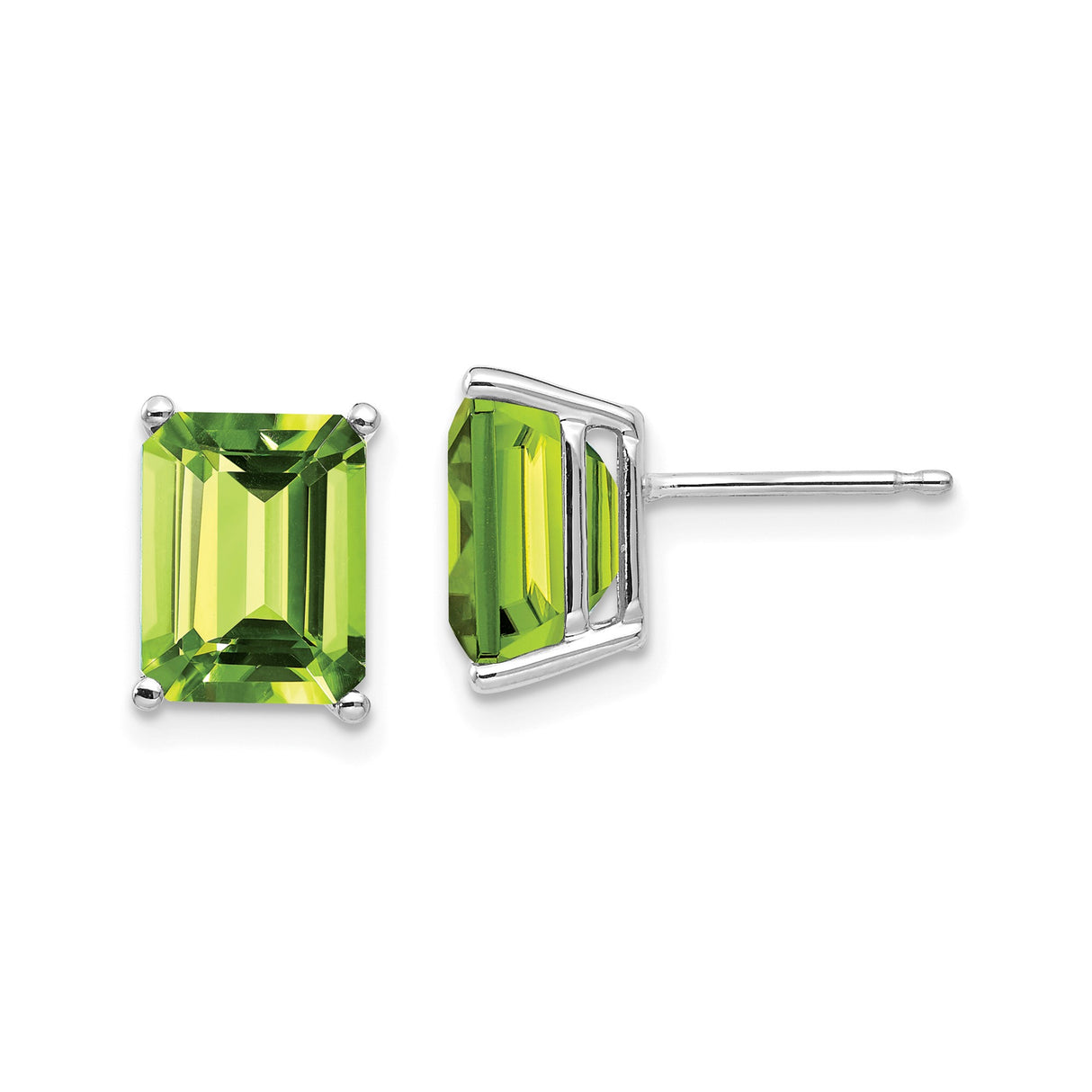 14k White Gold Stud Earrings with Emerald Cut Peridot, Modern Minimalist Design