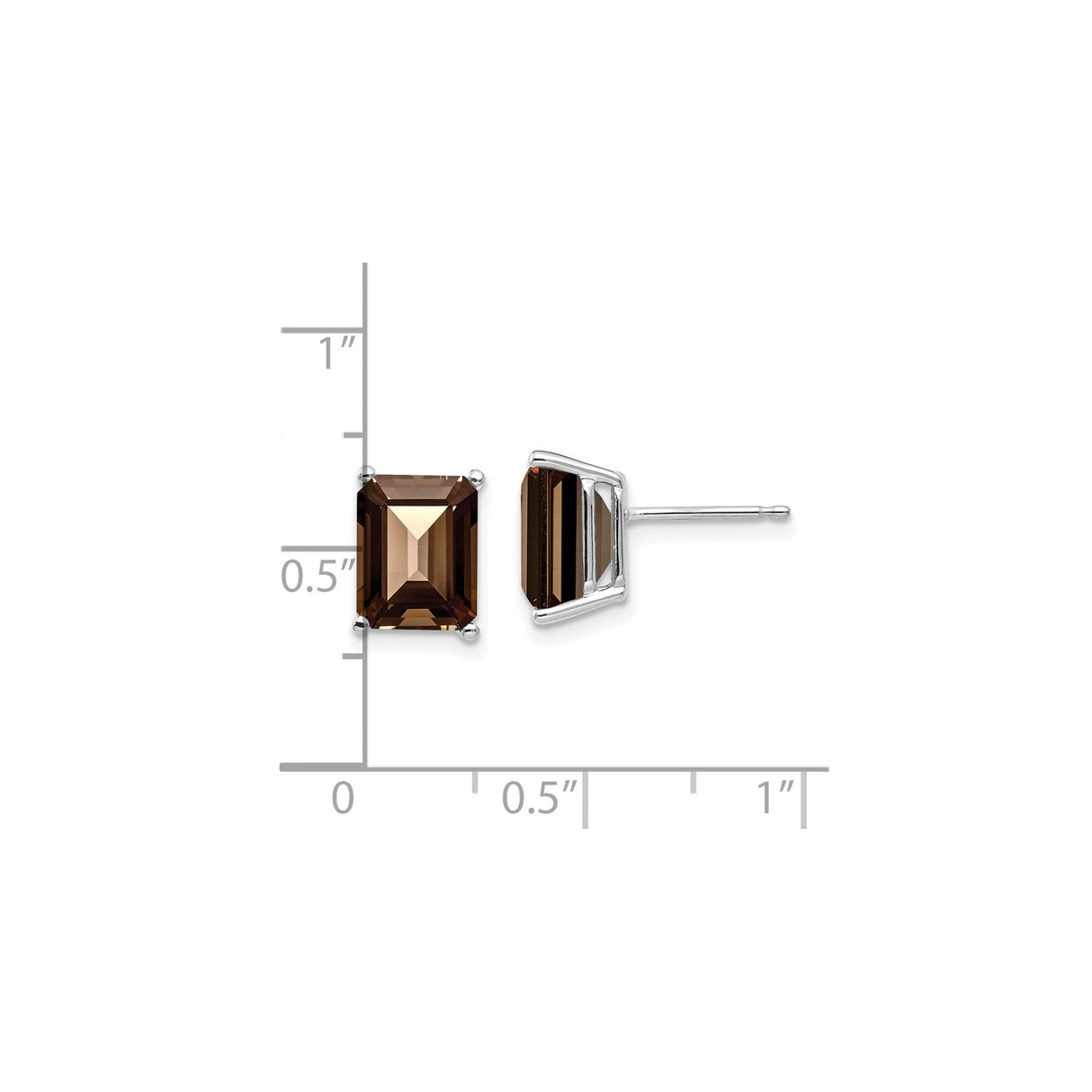 14k White Gold Stud Earrings with Emerald Cut Smoky Quartz, Modern Minimalist Design