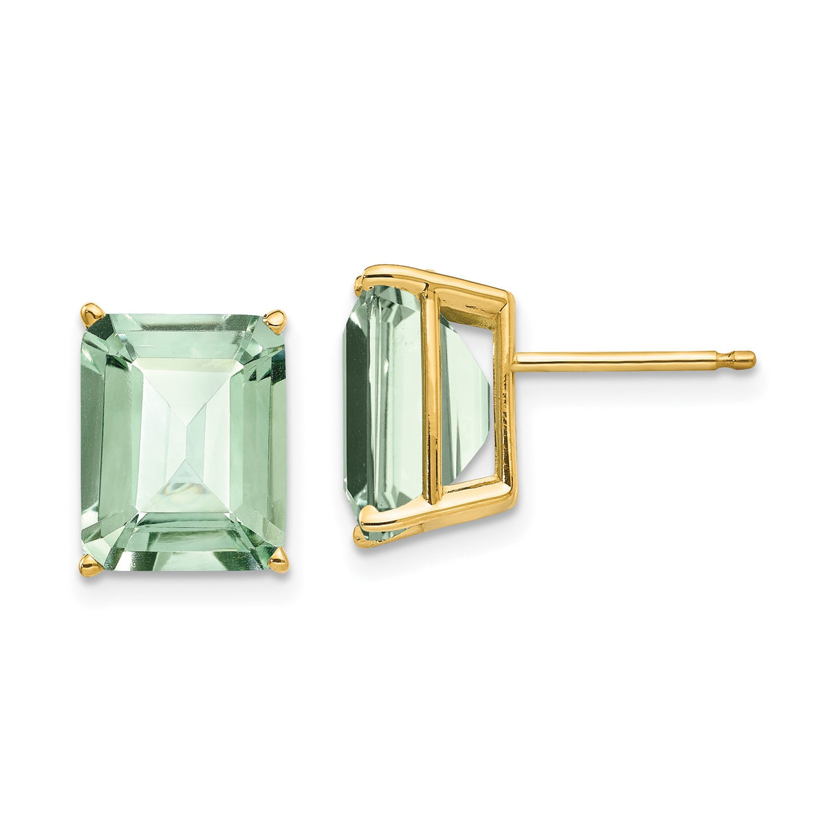 14k Yellow Gold Emerald Cut Green Amethyst Stud Earrings, Minimalist Dainty Jewelry for Women
