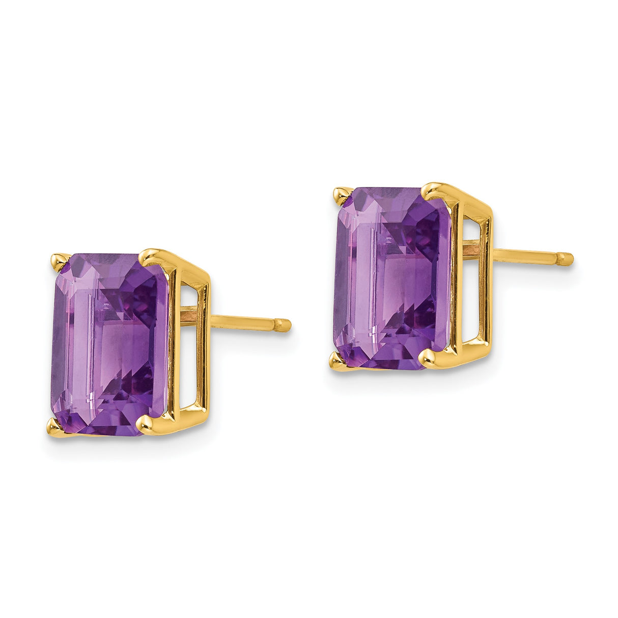14k Yellow Gold Amethyst Stud Earrings, Emerald Cut Purple Gemstone, Minimalist Style for Women