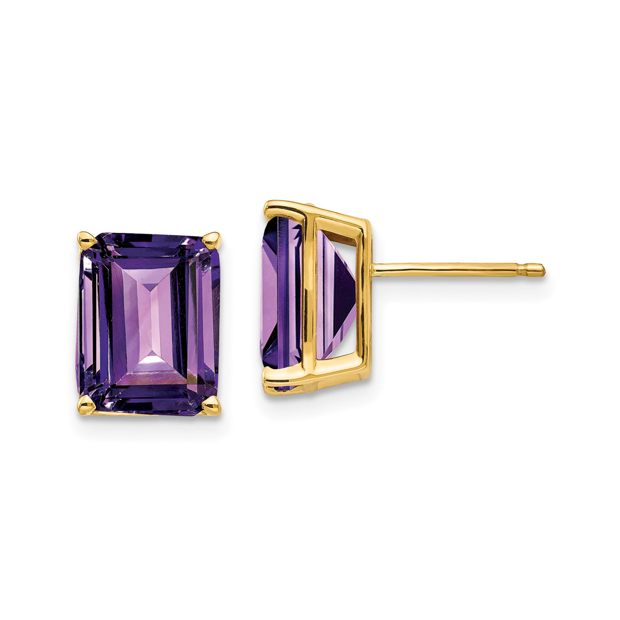 14k Yellow Gold Amethyst Stud Earrings, Emerald Cut Purple Gemstone, Minimalist Style for Women