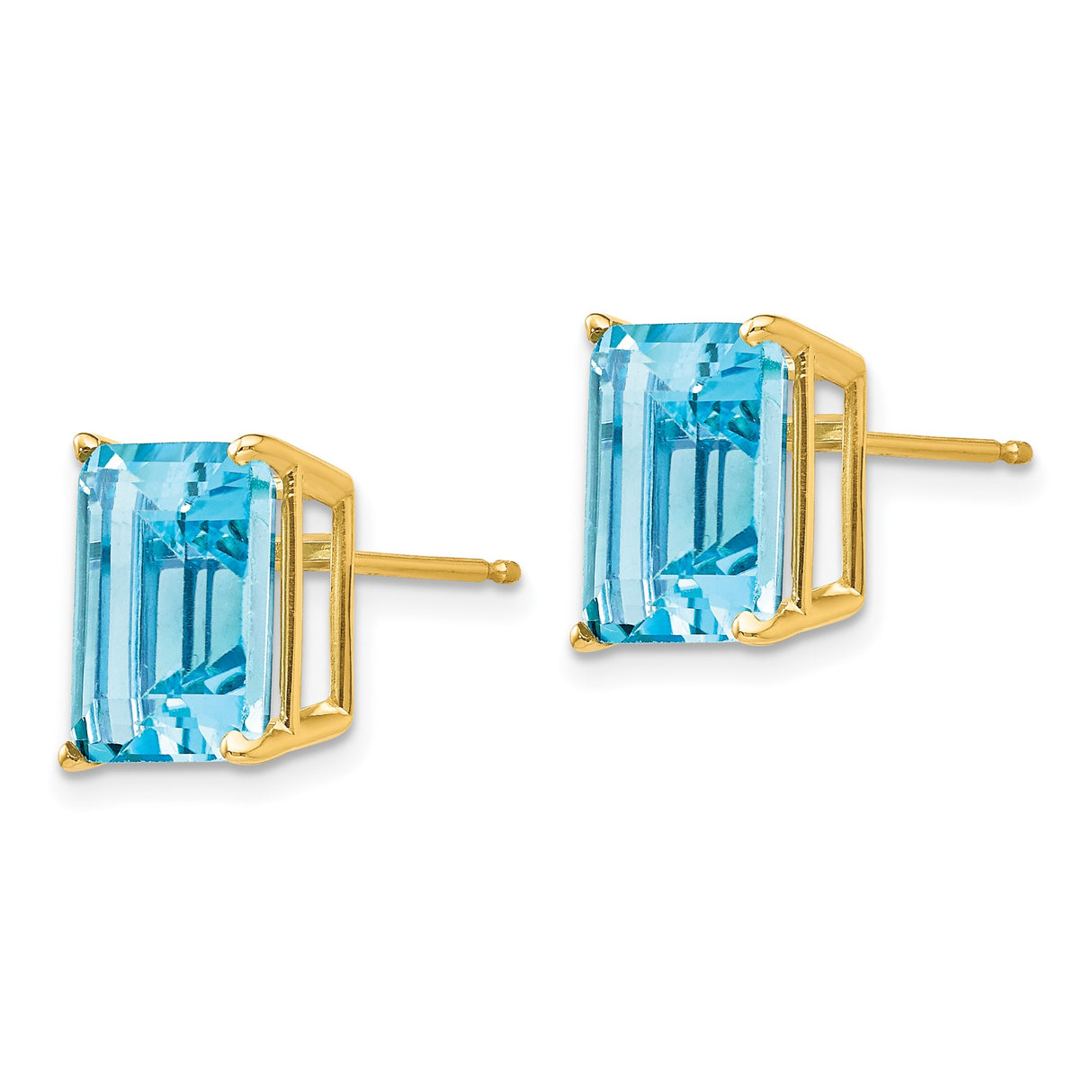 14k Yellow Gold Stud Earrings with Swiss Blue Topaz, Emerald Cut, Classic Four Prong Setting