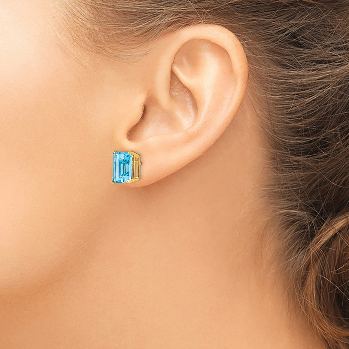14k Yellow Gold Stud Earrings with Swiss Blue Topaz, Emerald Cut, Classic Four Prong Setting