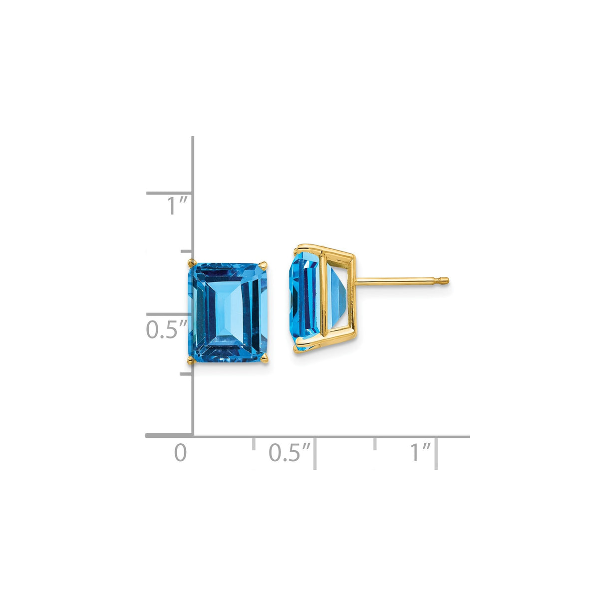 14k Yellow Gold Stud Earrings with Swiss Blue Topaz, Emerald Cut, Classic Four Prong Setting