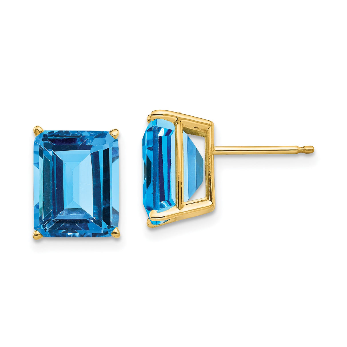 14k Yellow Gold Stud Earrings with Swiss Blue Topaz, Emerald Cut, Classic Four Prong Setting