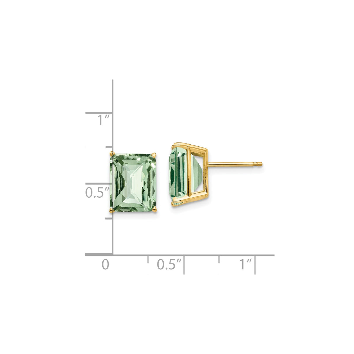 14k Yellow Gold Stud Earrings with Emerald Cut Green Quartz, Minimalist Design for Women