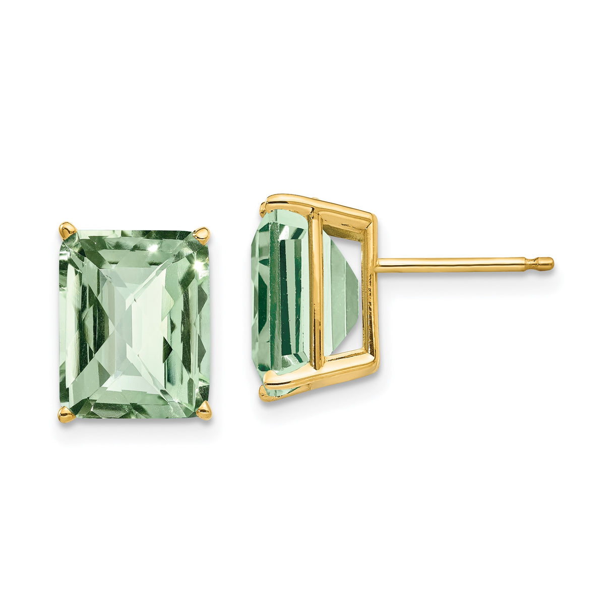 14k Yellow Gold Stud Earrings with Emerald Cut Green Quartz, Minimalist Design for Women