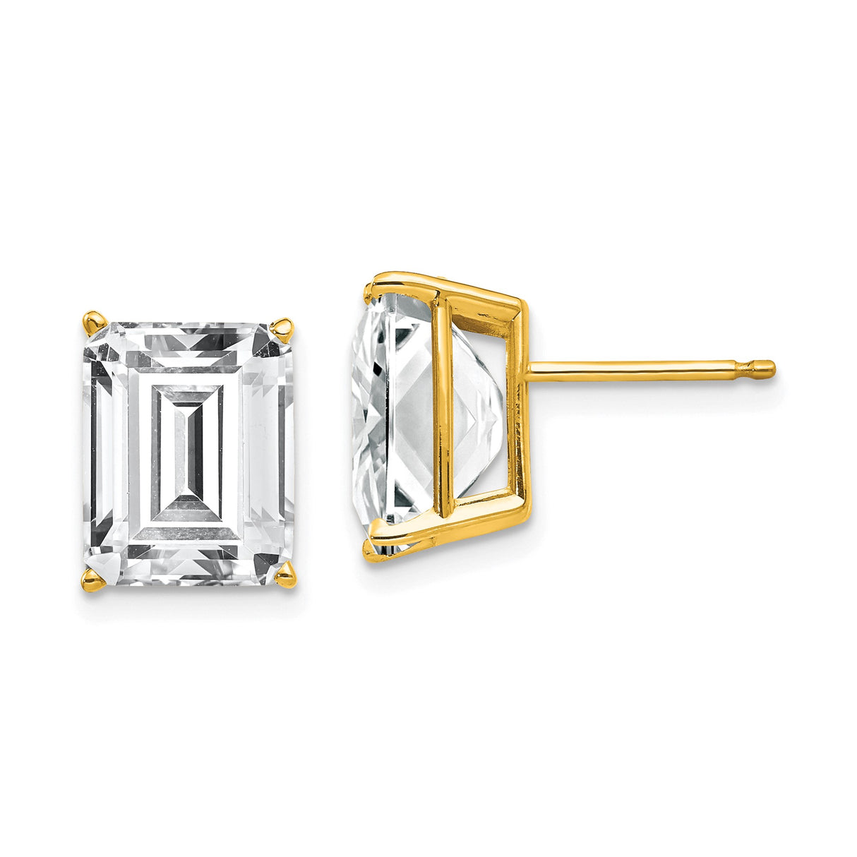 14k Yellow Gold Emerald Cut Cubic Zirconia Stud Earrings in Prong Setting for Women