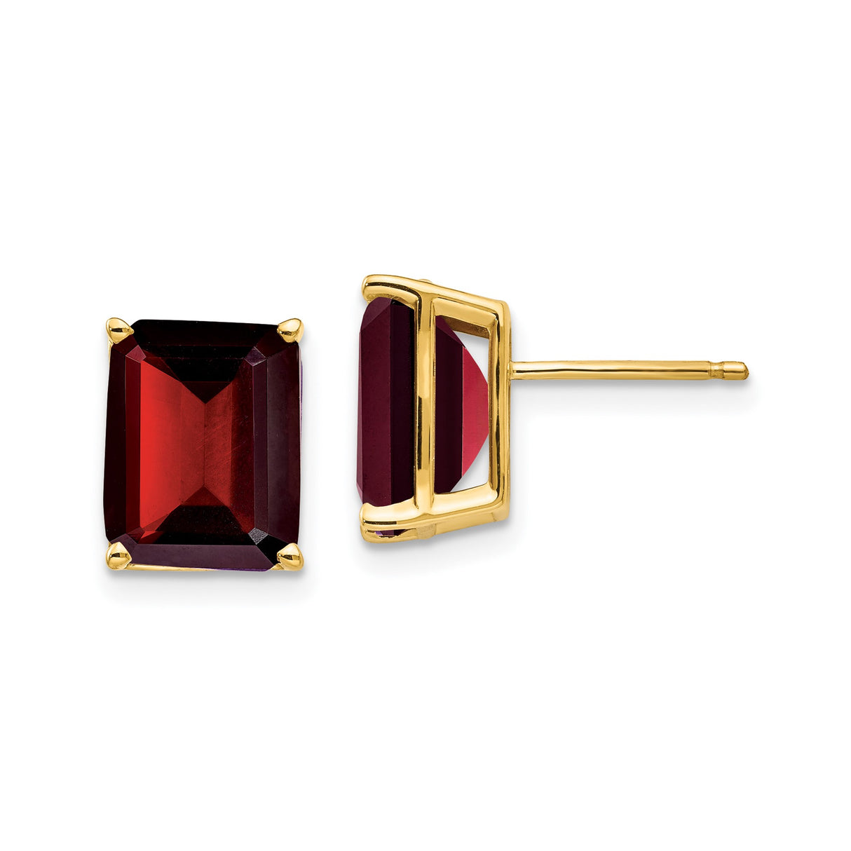 14k Yellow Gold Garnet Stud Earrings, Emerald Cut, Classic Style for Women
