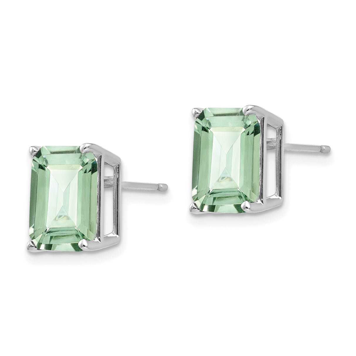 14k White Gold Stud Earrings with Emerald Cut Green Quartz, Minimalist Fine Jewelry