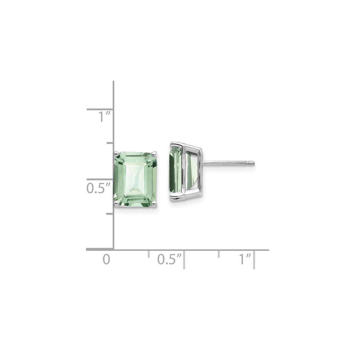 14k White Gold Stud Earrings with Emerald Cut Green Quartz, Minimalist Fine Jewelry
