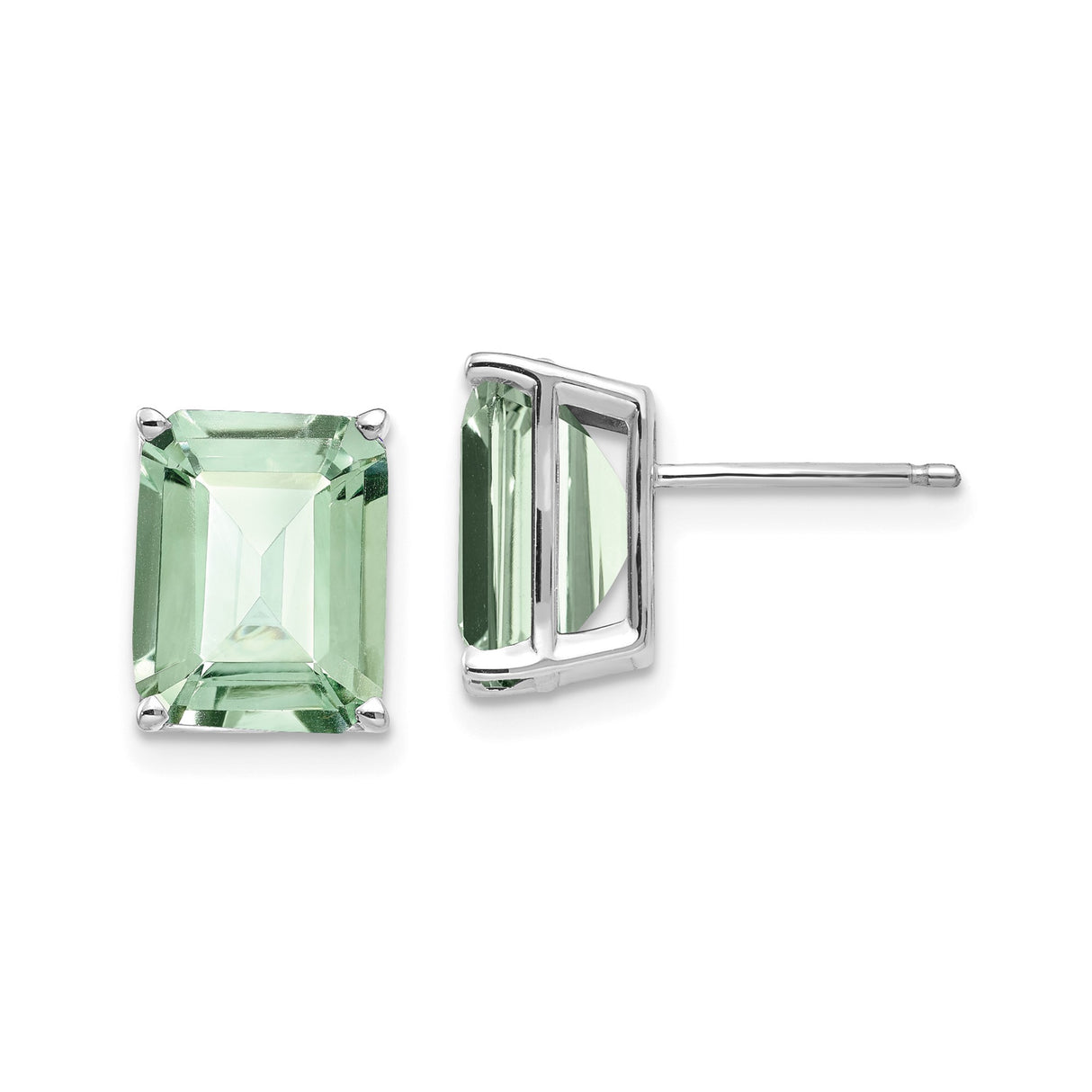 14k White Gold Stud Earrings with Emerald Cut Green Quartz, Minimalist Fine Jewelry