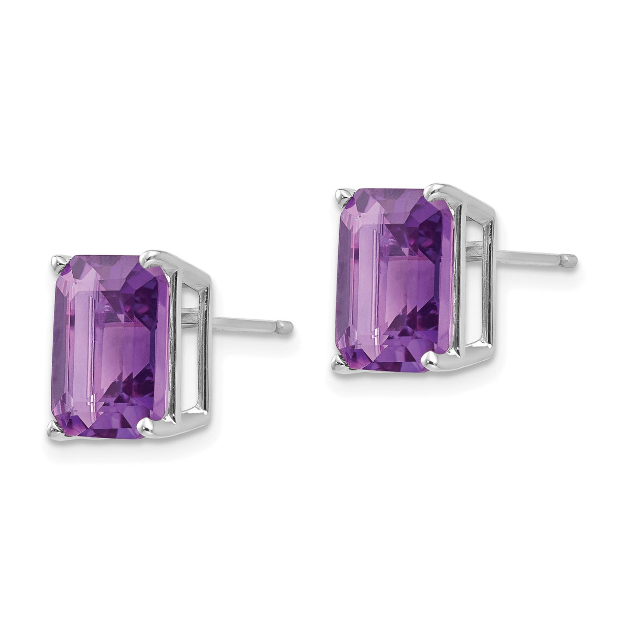 14k White Gold Amethyst Stud Earrings, Emerald Cut Rectangular Gemstone, Minimalist Design for Women