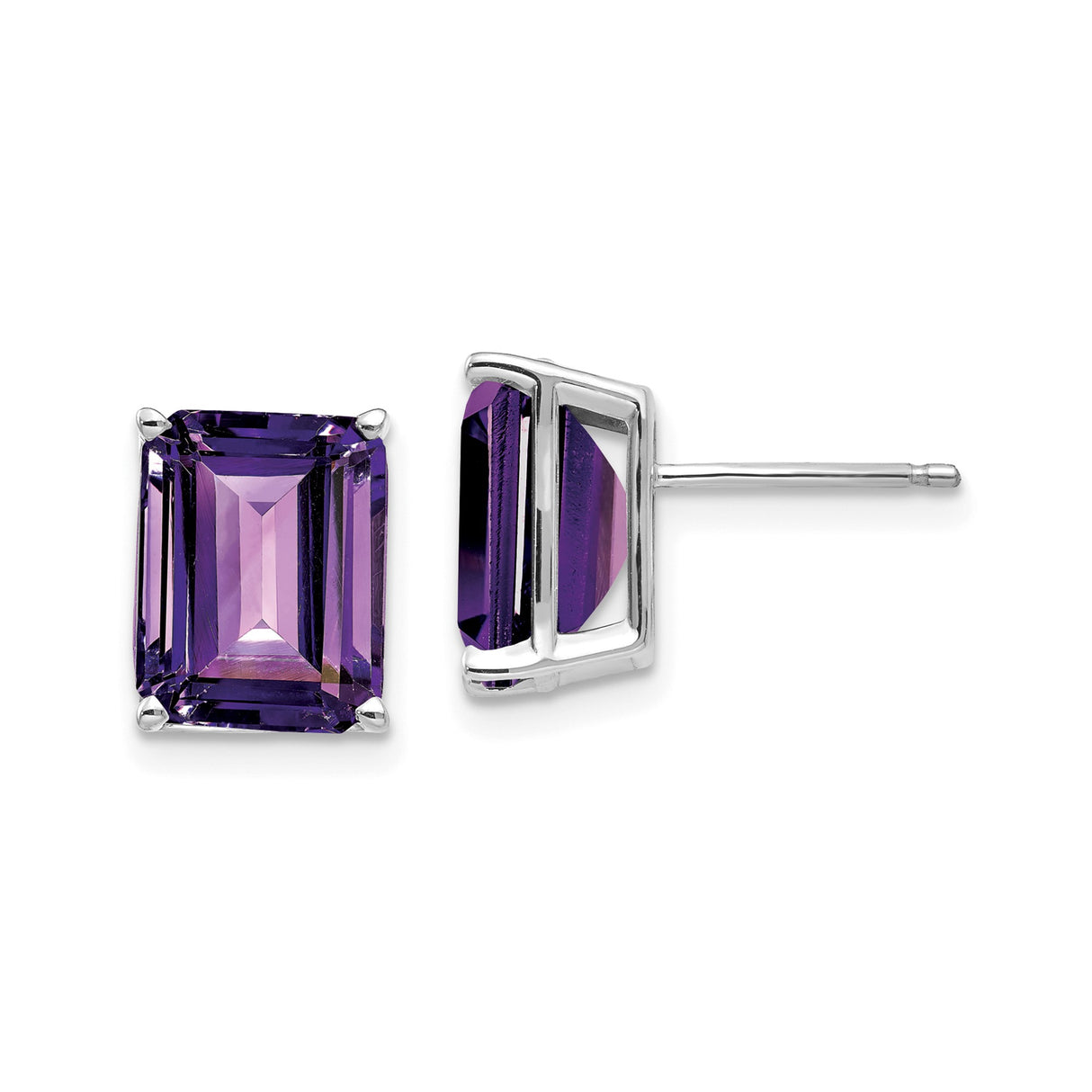 14k White Gold Amethyst Stud Earrings, Emerald Cut Rectangular Gemstone, Minimalist Design for Women
