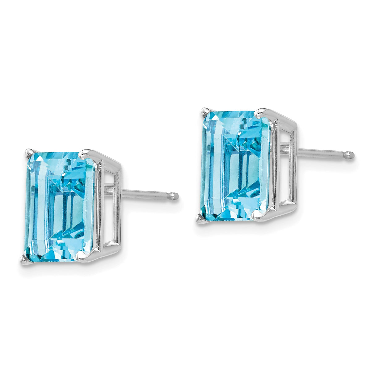 14k White Gold Stud Earrings with Swiss Blue Topaz, Emerald Cut, Minimalist Design